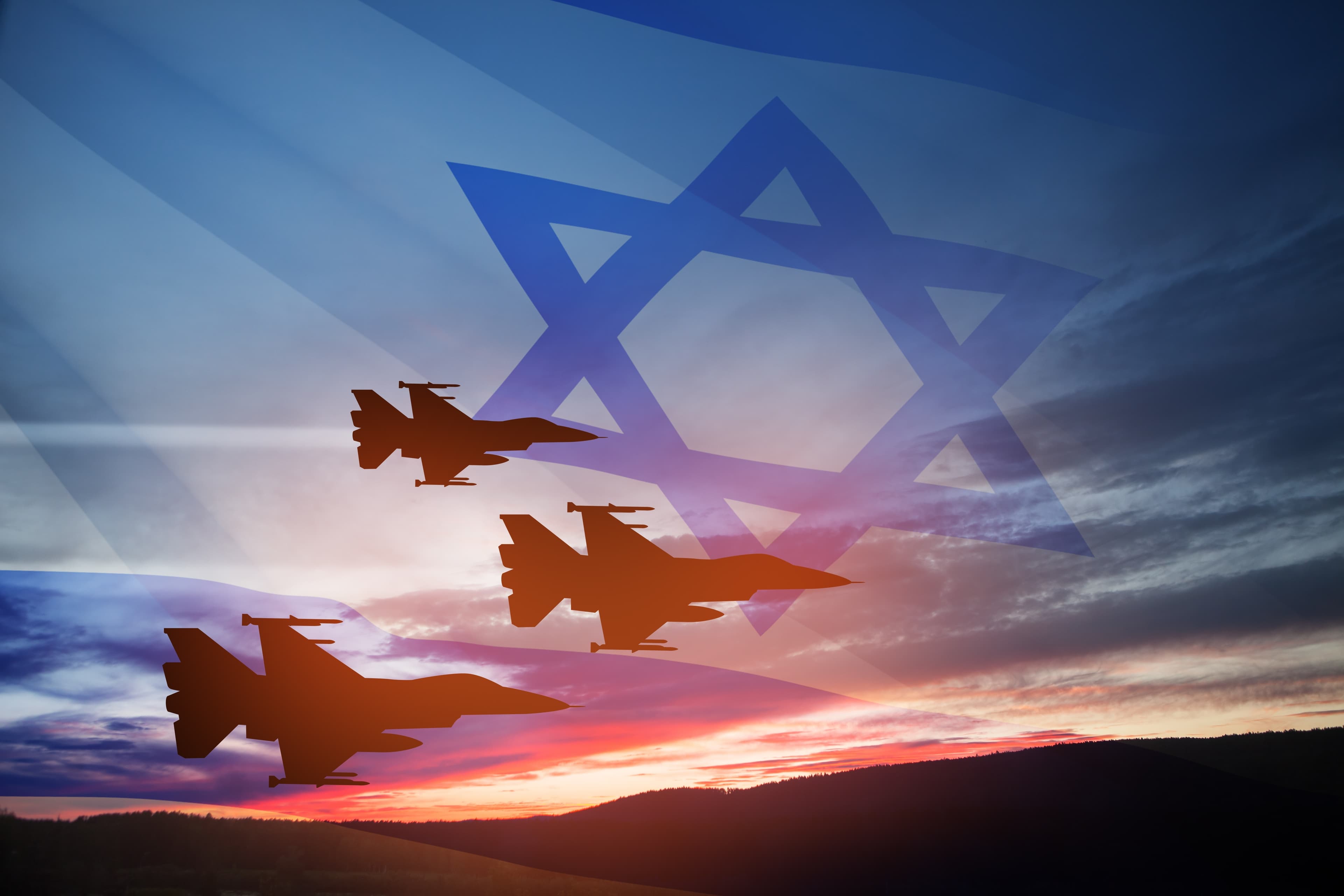 Israeli fighter jets flying against a sunset sky with the Israeli flag overlayed