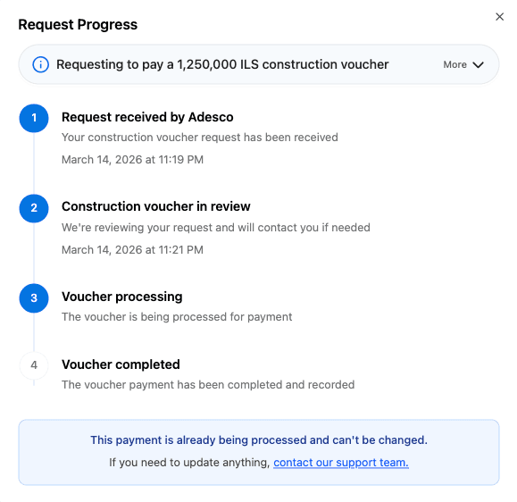 Adesco payment progress tracker showing a 1,250,000 ILS construction voucher being processed in real time